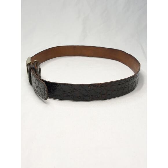 Vintage Genuine Alligator Leather Belt Knothe Brushed Gold Tone Plaque Buckle